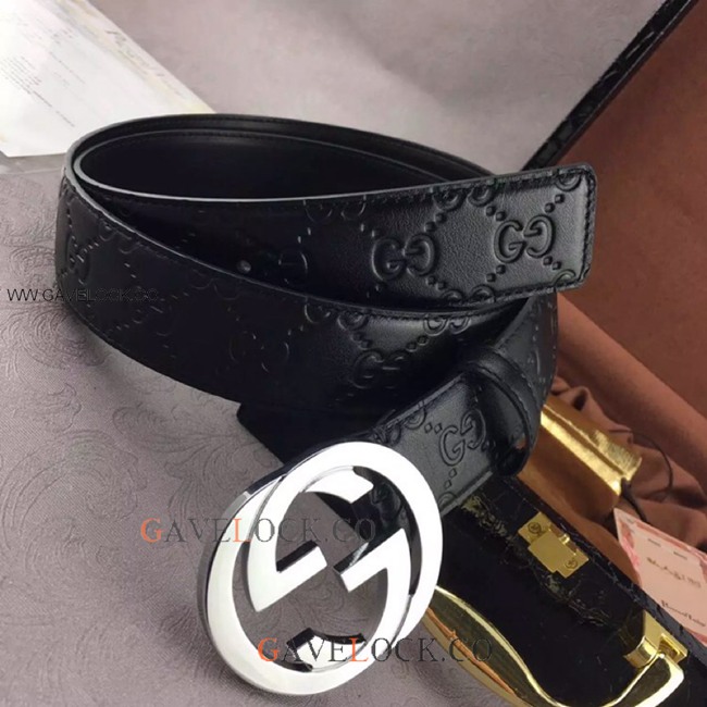 Gucci Signature Leather Belt Silver Buckle Original Size